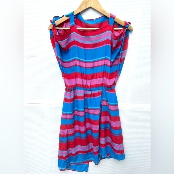 SILK striped red pink  blue asymmetric dress size small - Picture 10 of 11